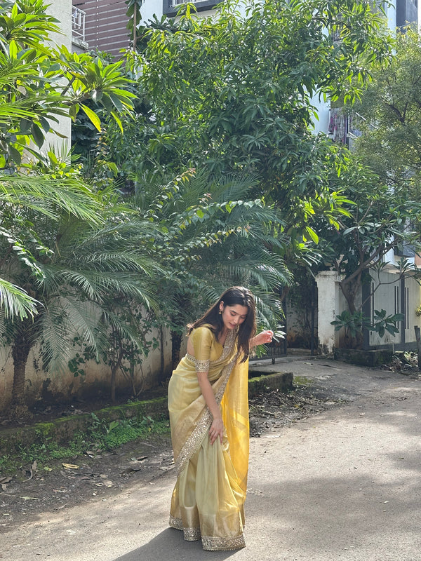 Dhiyona HH Yellow Gold Banarasi Rajkumari Mirror Work Tissue Silk Saree
