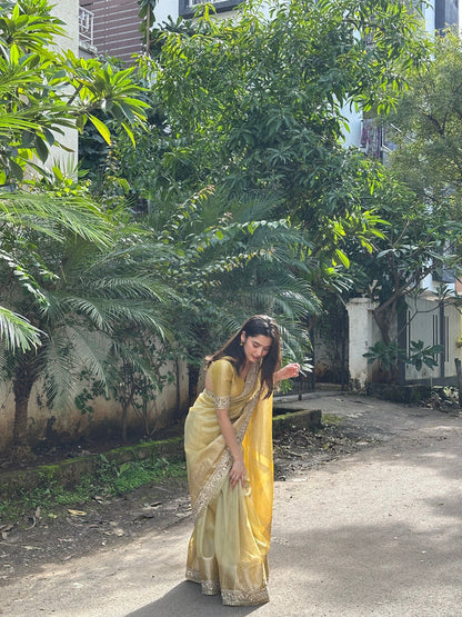 Dhiyona HH Yellow Gold Banarasi Rajkumari Mirror Work Tissue Silk Saree