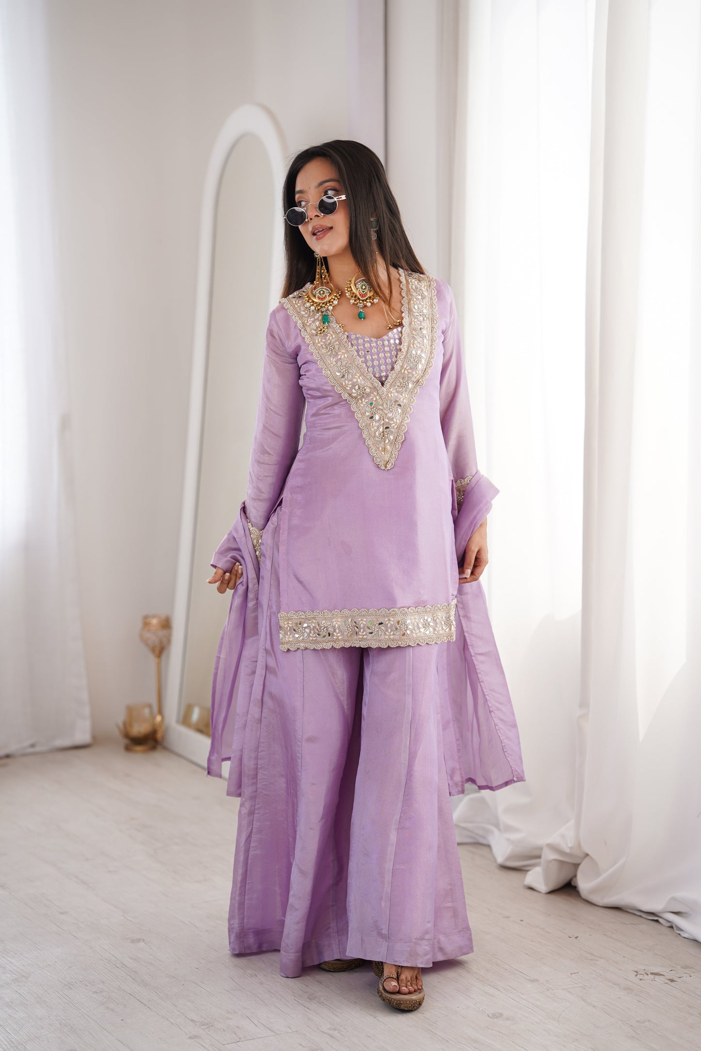 Dhiyona HH Orchid Lavender Afsara Mirror Work Tissue Sharara Suit Set