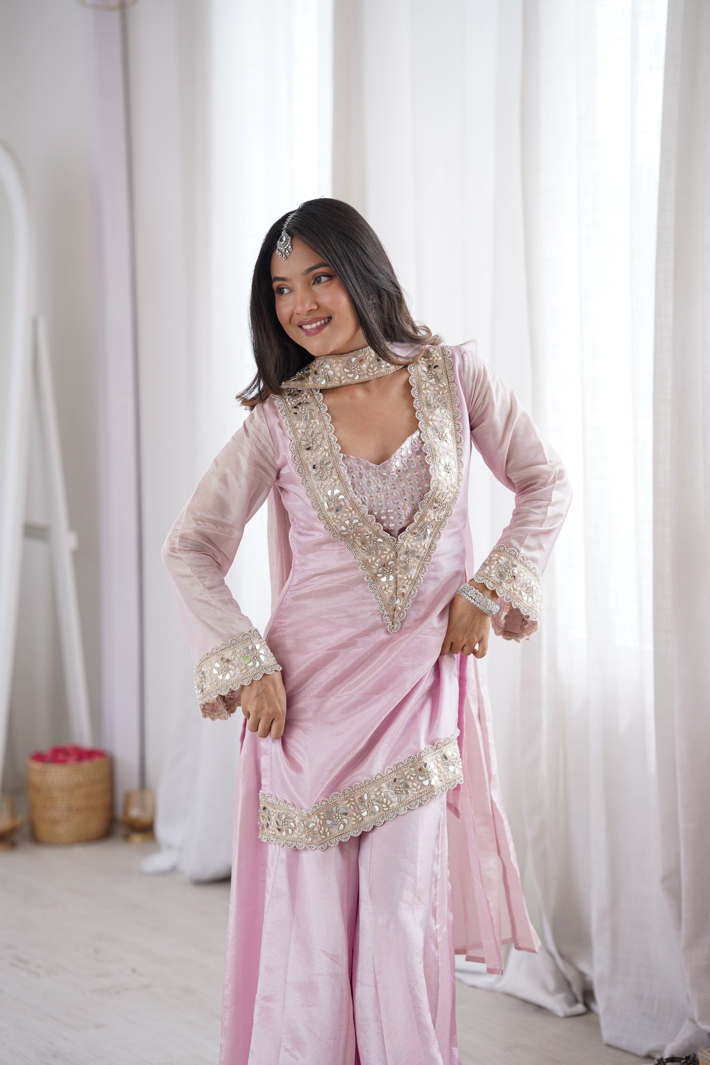 Dhiyona HH Subtle Pink Afsara Mirror Work Tissue Sharara Suit Set