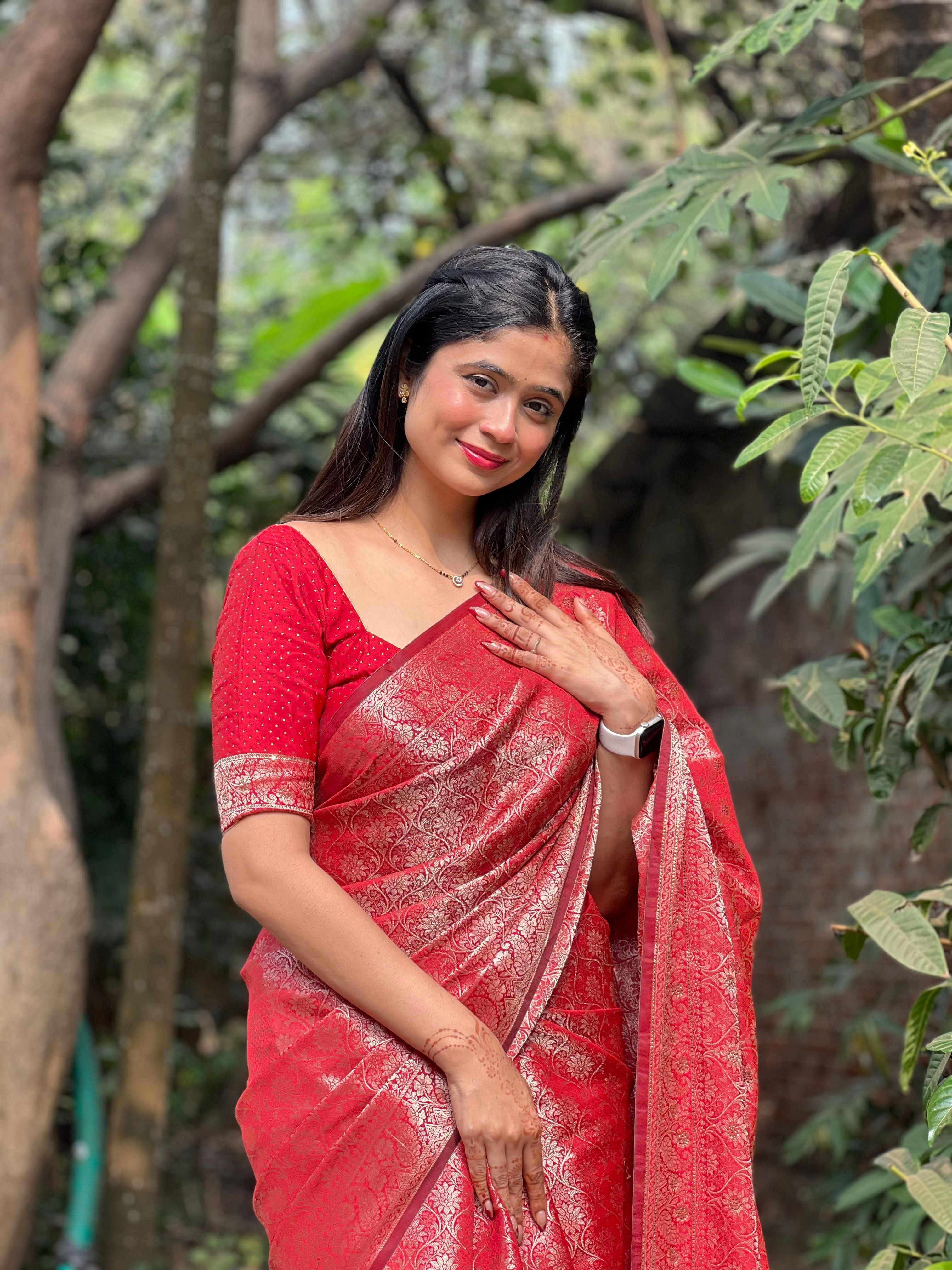 Dhiyona HH Crimson Red Banarasi Soft Silk Saree with Swarovski Work