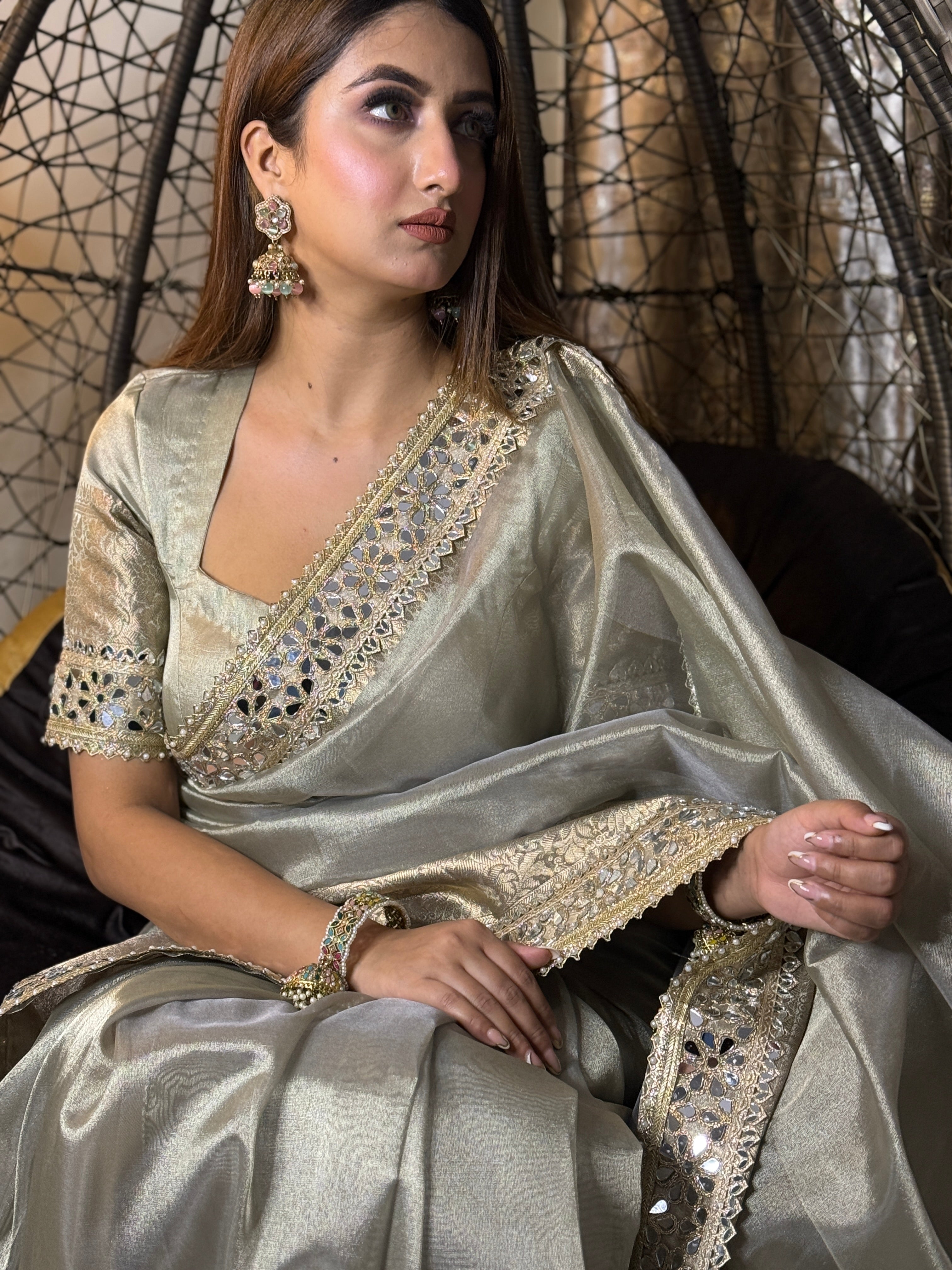Dhiyona HH Moonlit Grey Banarasi Rajkumari Mirror Work Tissue Silk Saree