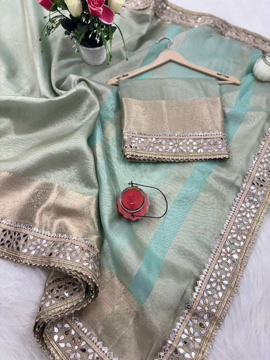 Dhiyona HH Sea Green Banarasi Rajkumari Mirror Work Tissue Silk Saree