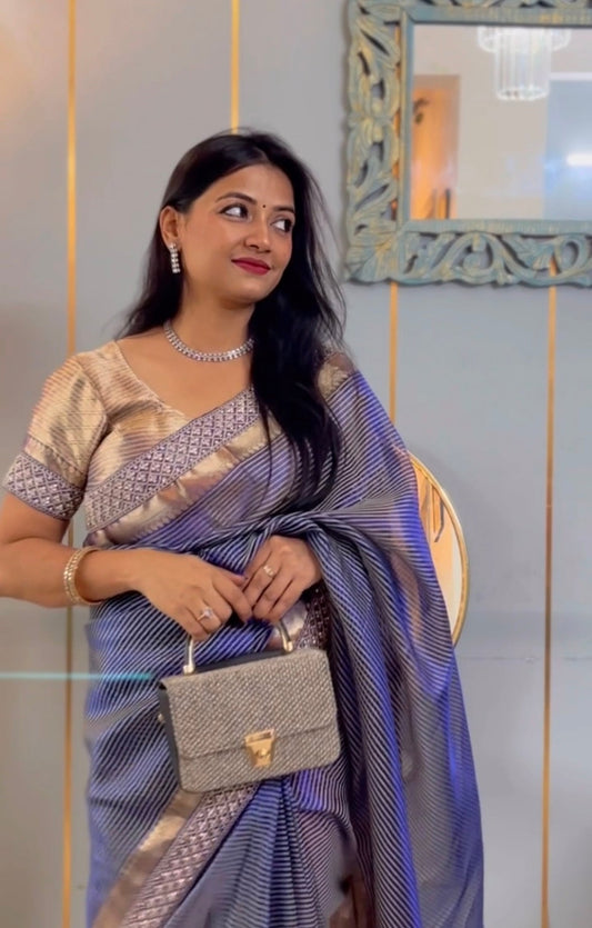 Dhiyona HH Celebrity-Inspired Royal Blue Stripe Tissue Silk Saree with Stone Zardozi Work