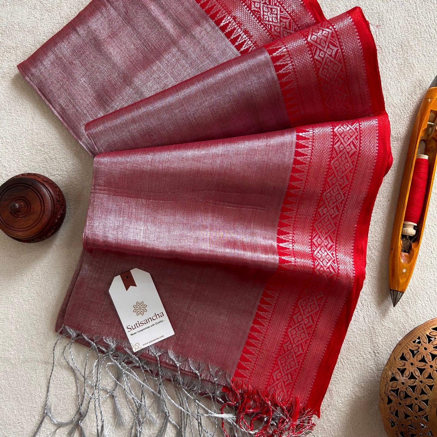 Dhiyona SS Traditional Tissue Saree with Rich Red Border