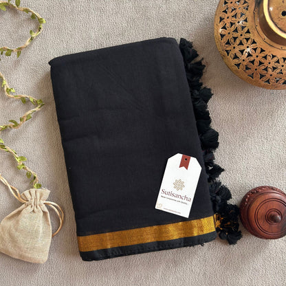 Dhiyona SS Traditional Black Cotton Saree with Golden Zari Edging