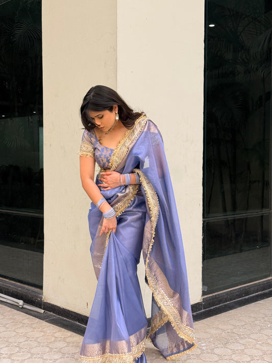 Dhiyona HH Lavender Blue Banarasi Riwaayat Tissue Silk Saree | Easy To Carry