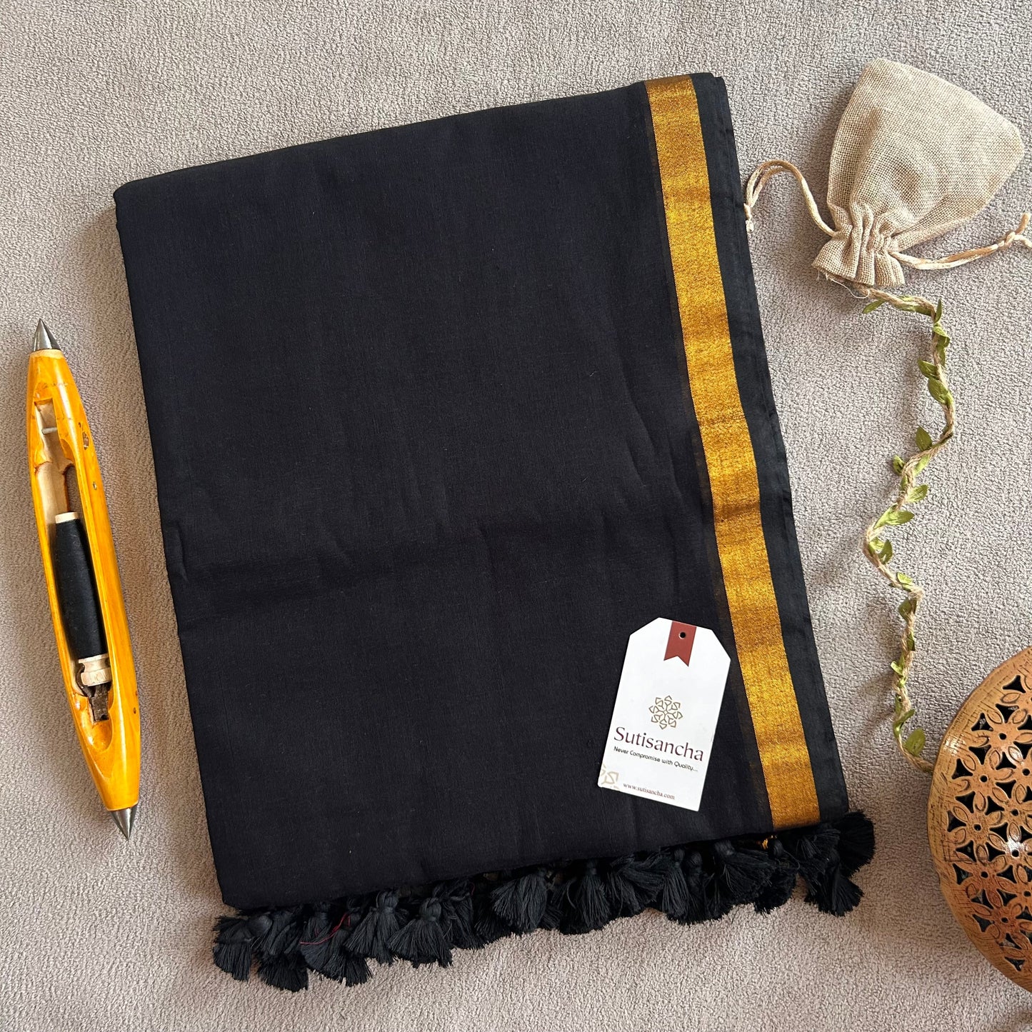 Dhiyona SS Traditional Black Cotton Saree with Golden Zari Edging