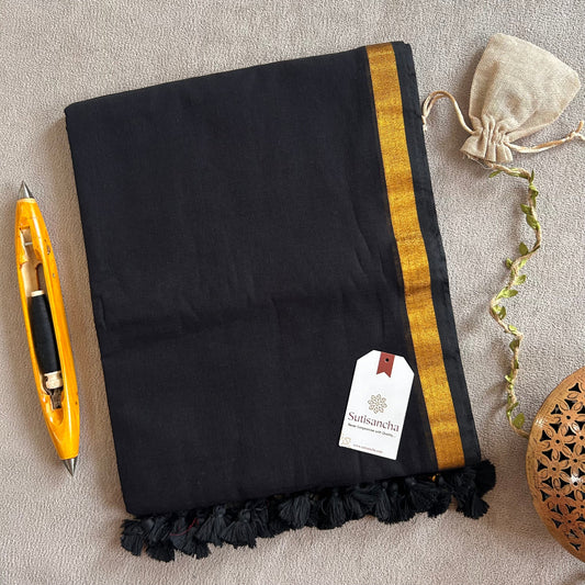 Dhiyona SS Traditional Black Cotton Saree with Golden Zari Edging