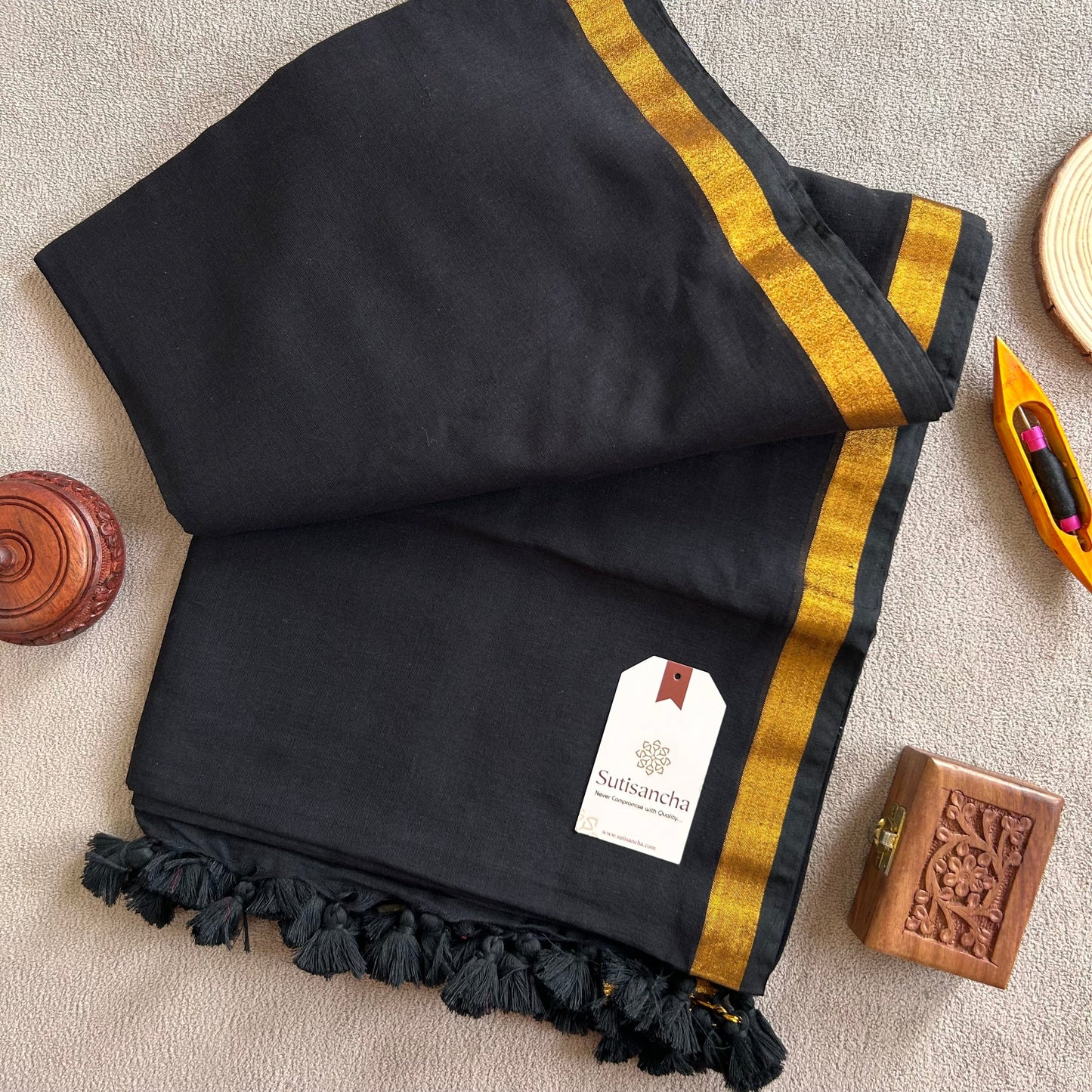 Dhiyona SS Traditional Black Cotton Saree with Golden Zari Edging