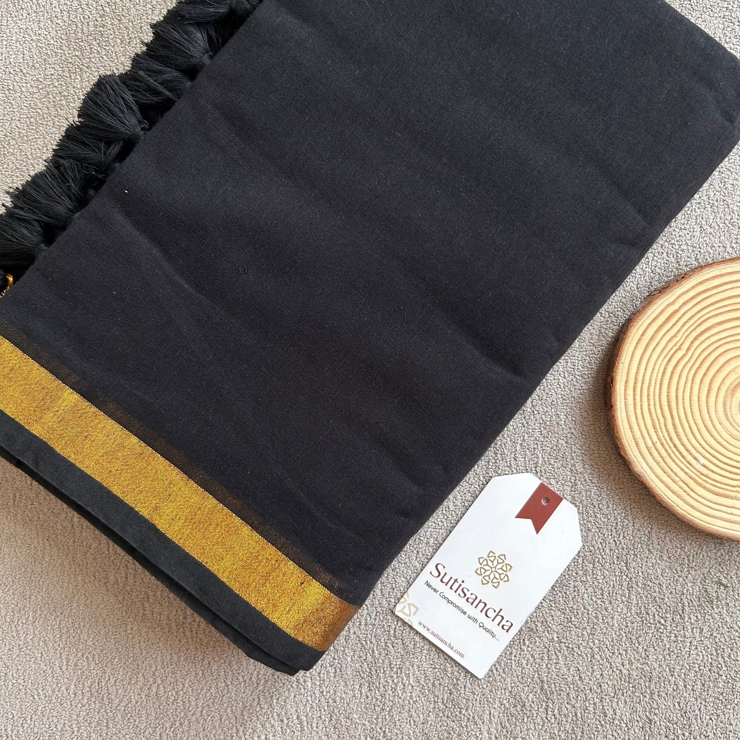 Dhiyona SS Traditional Black Cotton Saree with Golden Zari Edging
