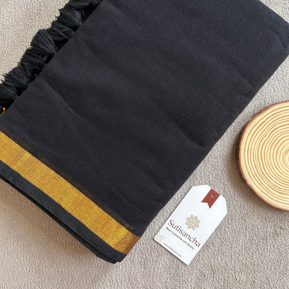Dhiyona SS Traditional Black Cotton Saree with Golden Zari Edging