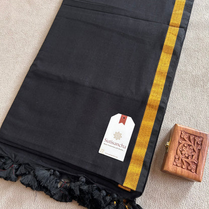 Dhiyona SS Traditional Black Cotton Saree with Golden Zari Edging