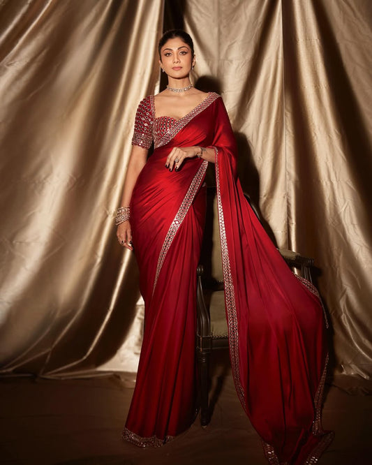 Dhiyona HH Shilpa Shetty Inspired Designer Mashru Satin Silk Mirror Work Saree with Blouse Free Size
