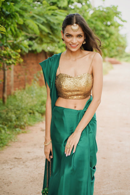 Dhiyona ST Rich Emerald Green Satin Saree with Bronze Pendants