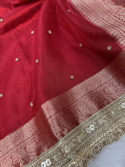 Dhiyona HH Bold Red Metallic Dana Moti Hand-work Saree