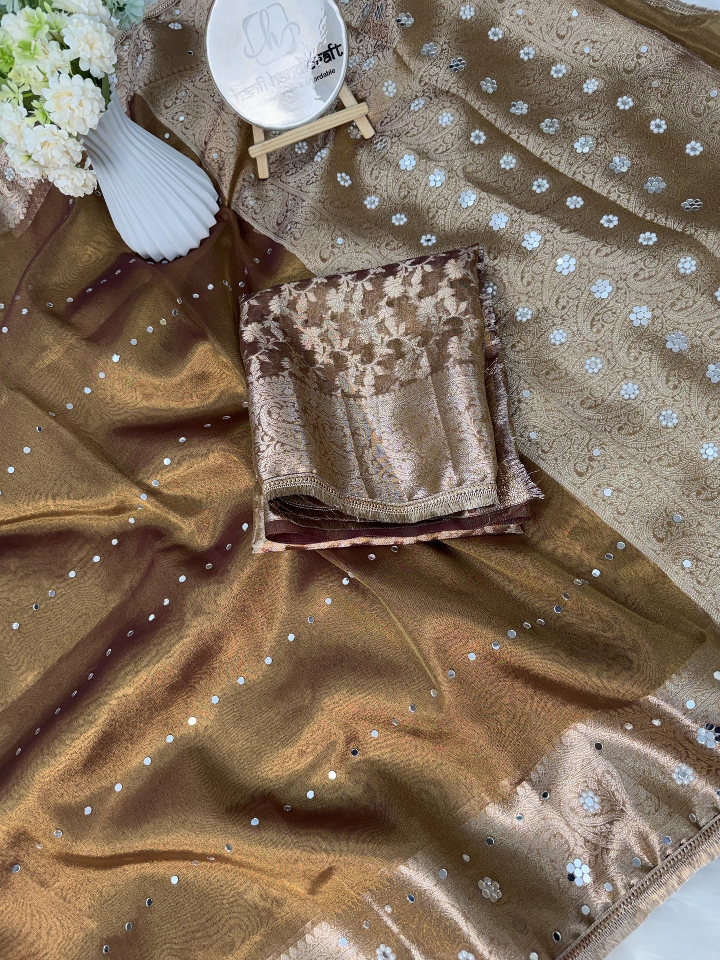 Dhiyona HH Copper Gold Aaina Handcrafted Mirror-work Banarasi Saree