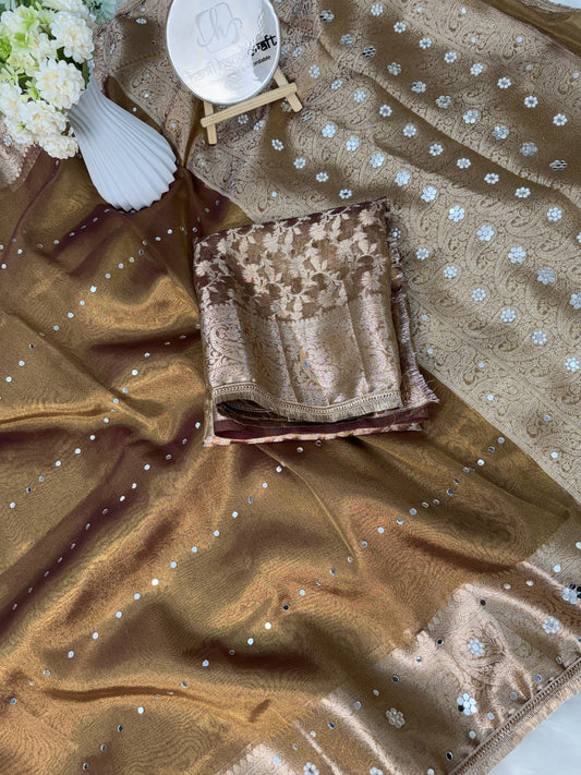 Dhiyona HH Copper Gold Aaina Handcrafted Mirror-work Banarasi Saree