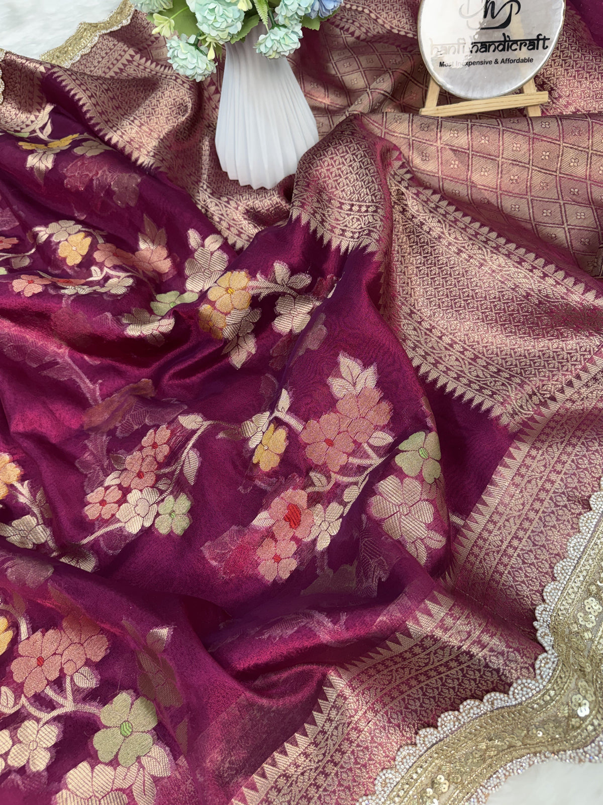 Dhiyona HH Rani Wine Alfi Tilfi Floral Weave Tissue Silk Saree with Hand-Embellished Border