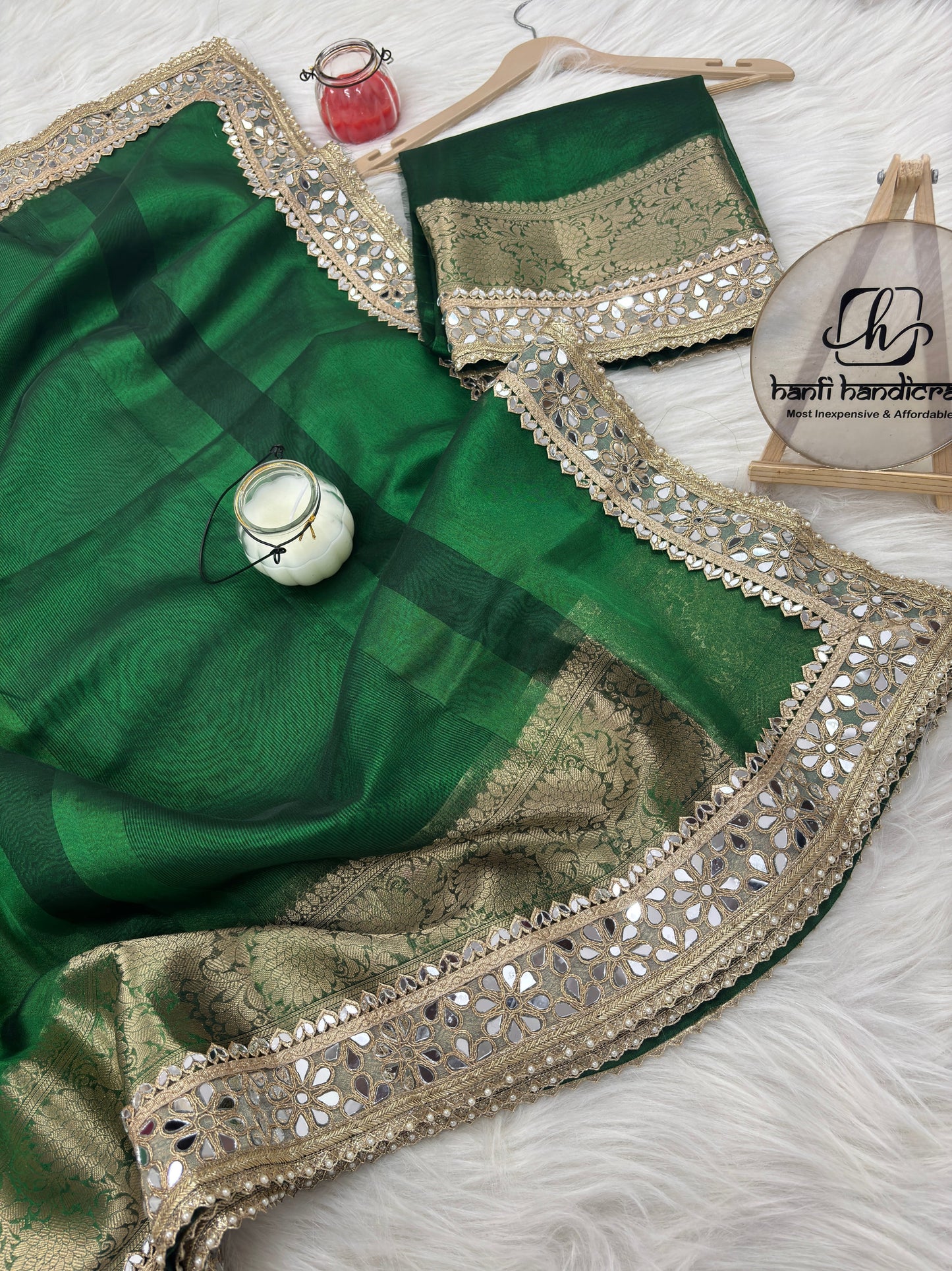Dhiyona HH Bottle Green Banarasi Rajkumari Mirror Work Tissue Silk Saree