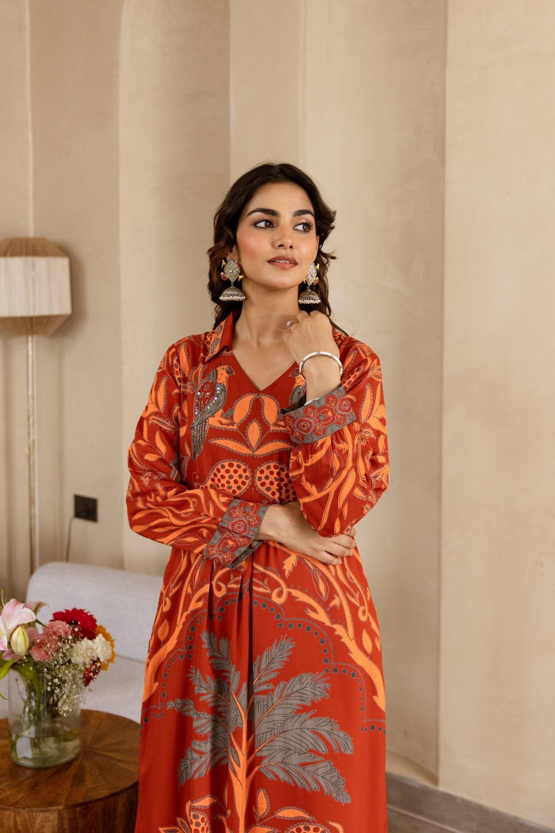 Stravi apricot printed kurta pant set