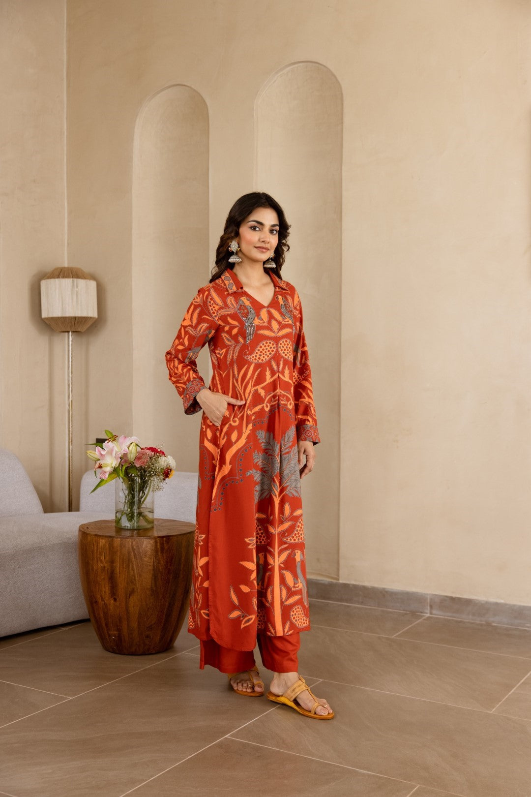 Stravi apricot printed kurta pant set