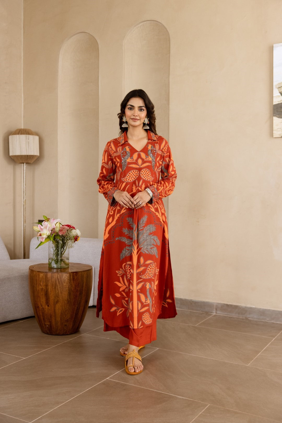 Stravi apricot printed kurta pant set