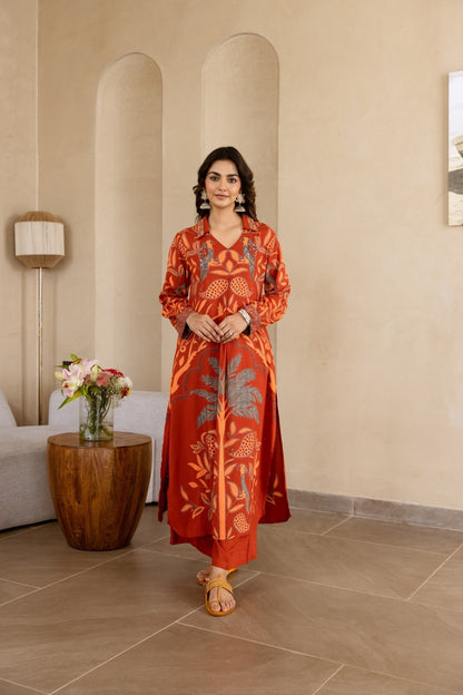 Stravi apricot printed kurta pant set