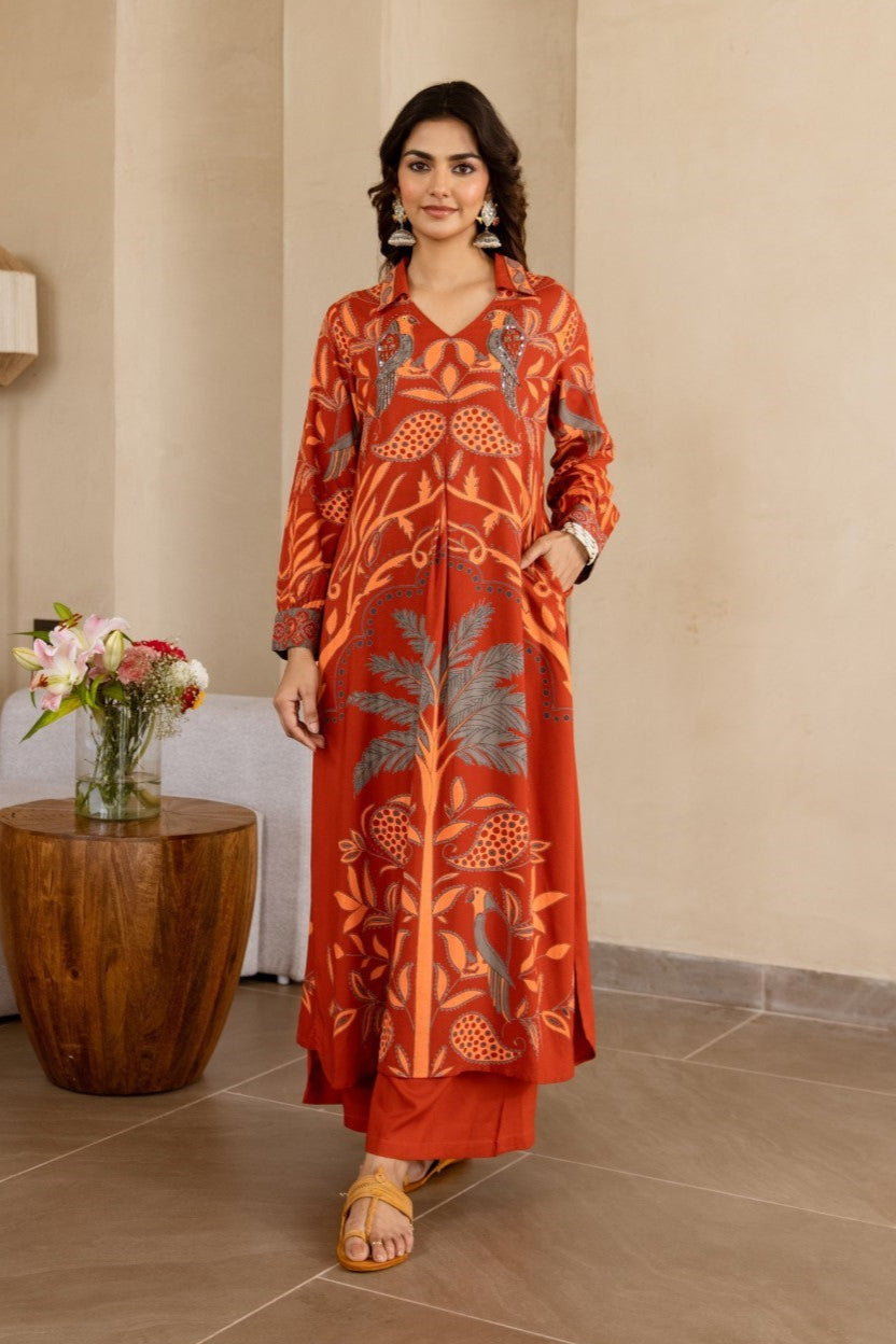 Stravi apricot printed kurta pant set
