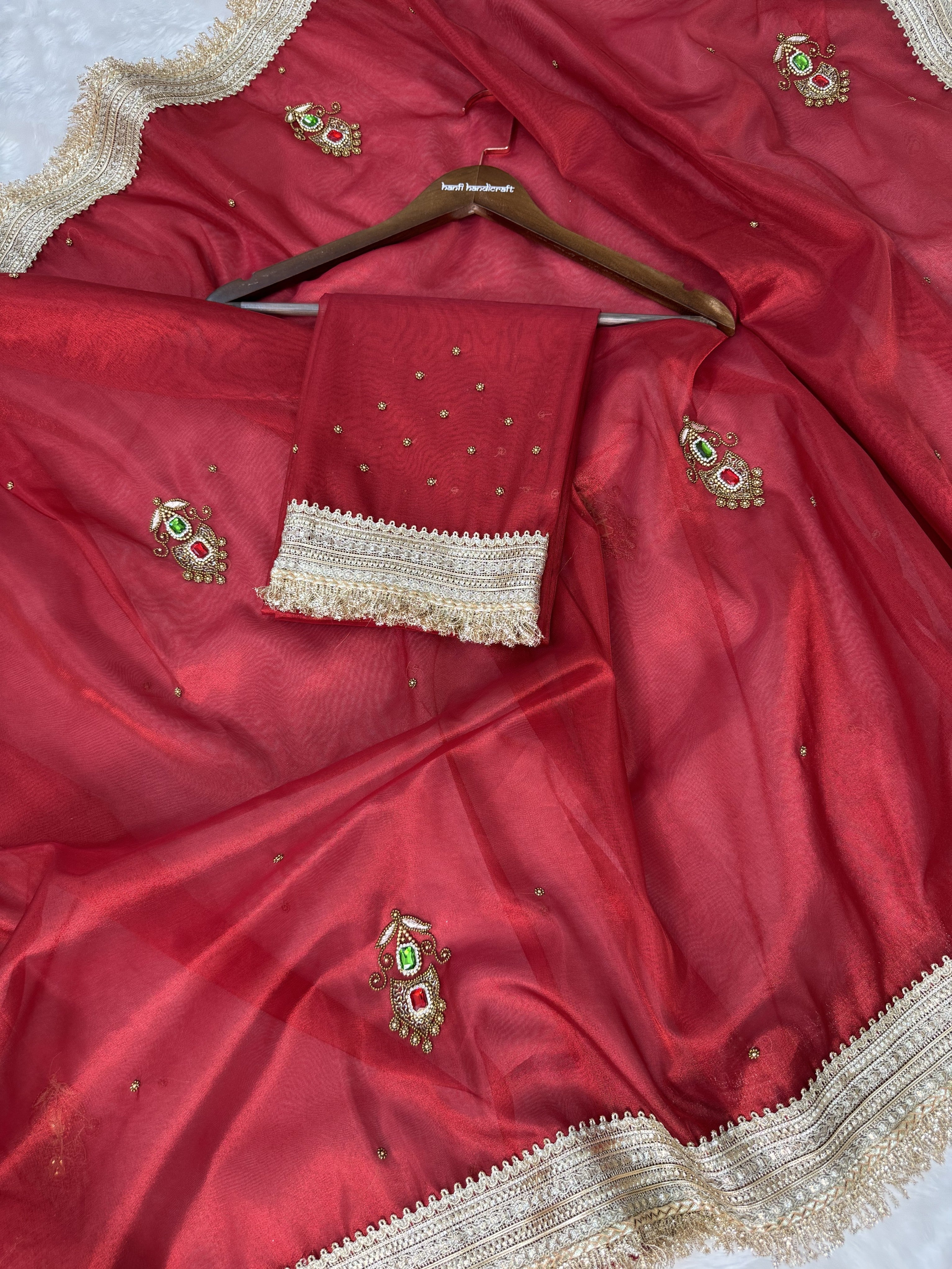 Dhiyona HH Deep Red Gemstone Maharani Hand-work Designer Saree