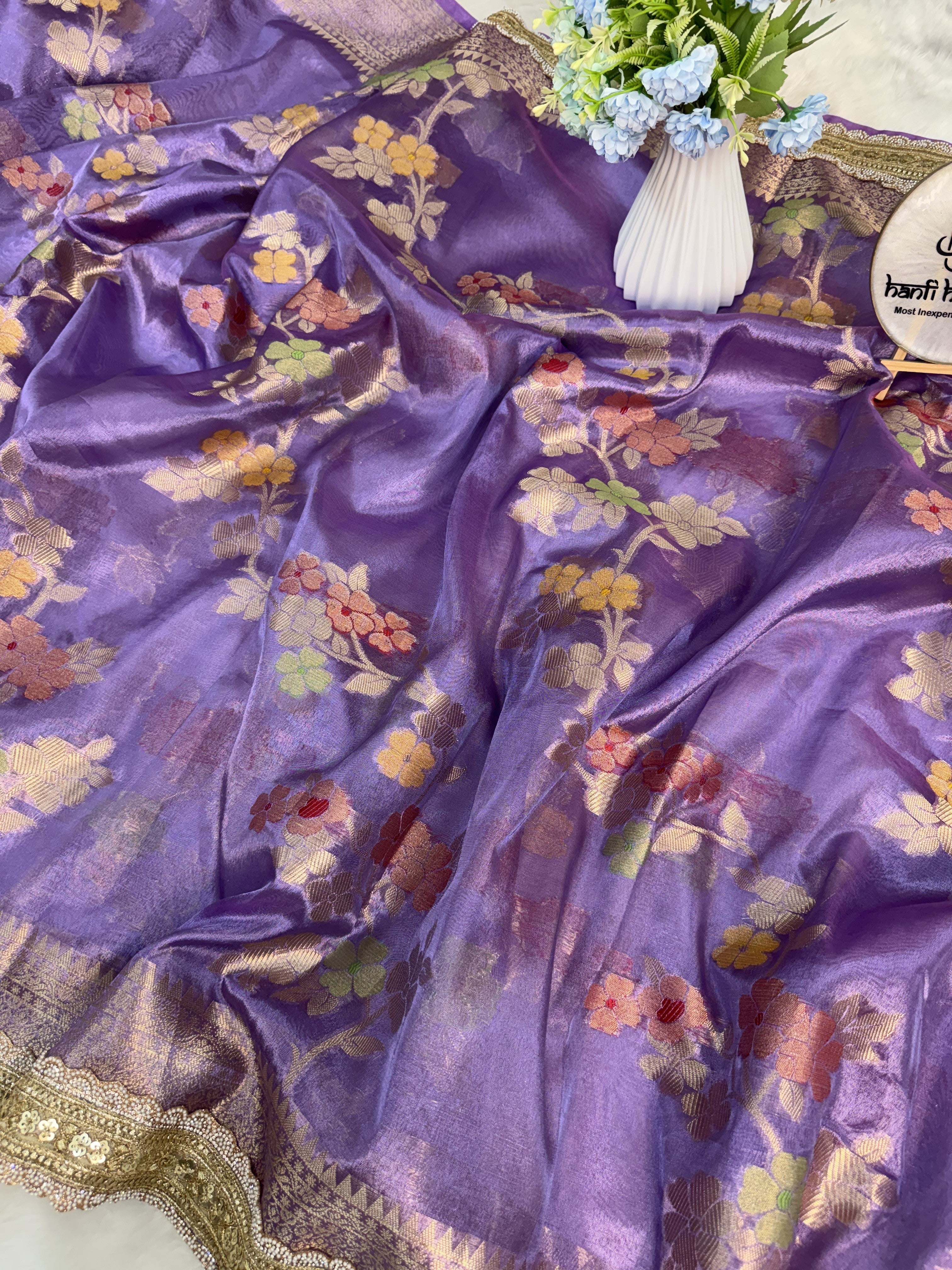 Dhiyona HH Lavender Alfi Tilfi Floral Weave Tissue Silk Saree with Hand-Embellished Border