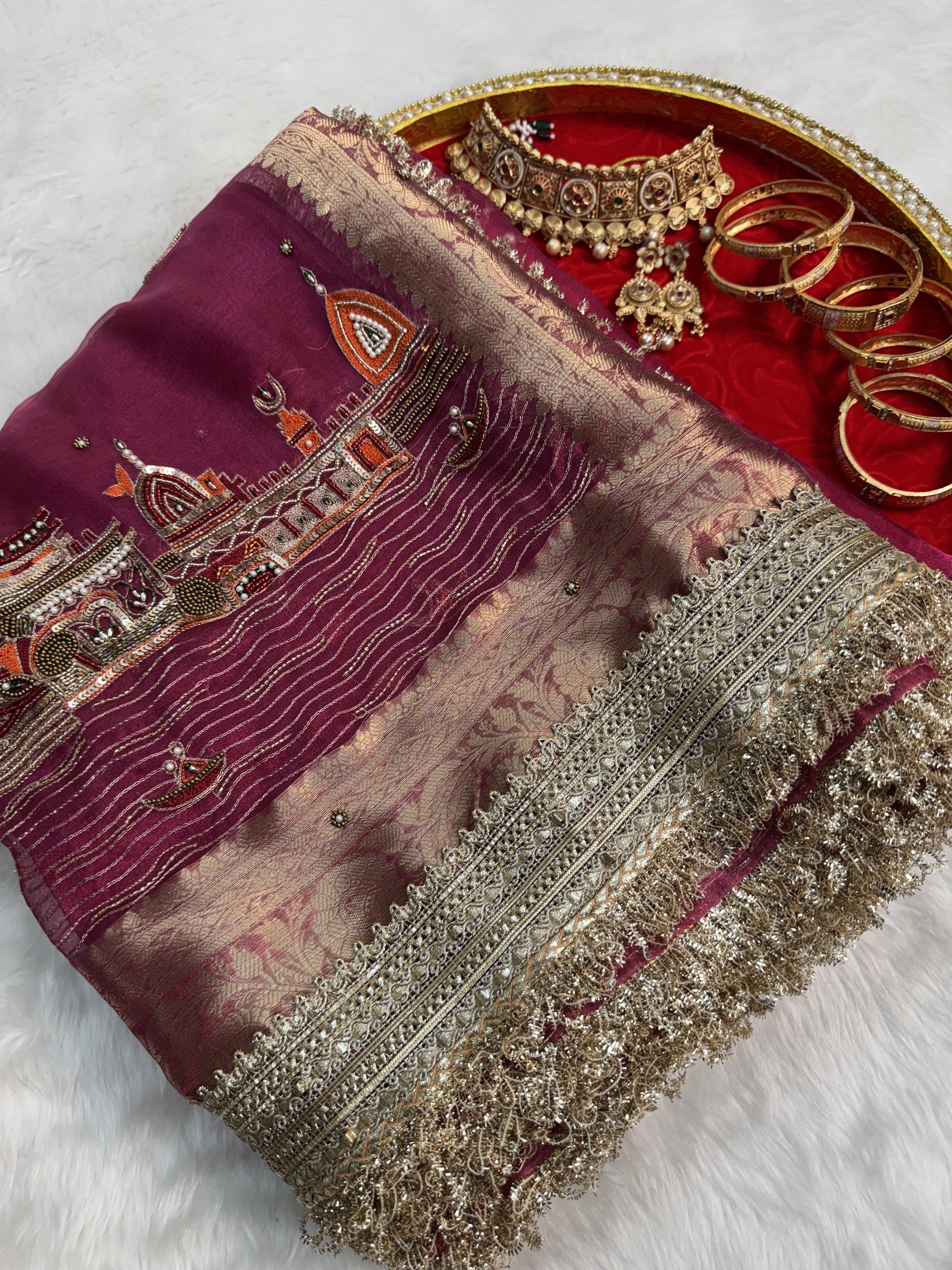 Dhiyona HH Gulabi Banarasi Ghat Hand Zardozi Pure Tissue Silk Saree
