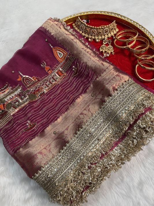 Dhiyona HH Gulabi Banarasi Ghat Hand Zardozi Pure Tissue Silk Saree