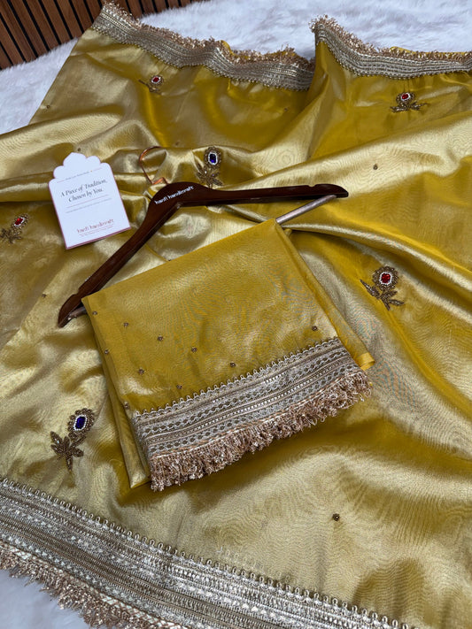 Dhiyona HH Golden Glow Gemstone Maharani Hand-work Designer Saree