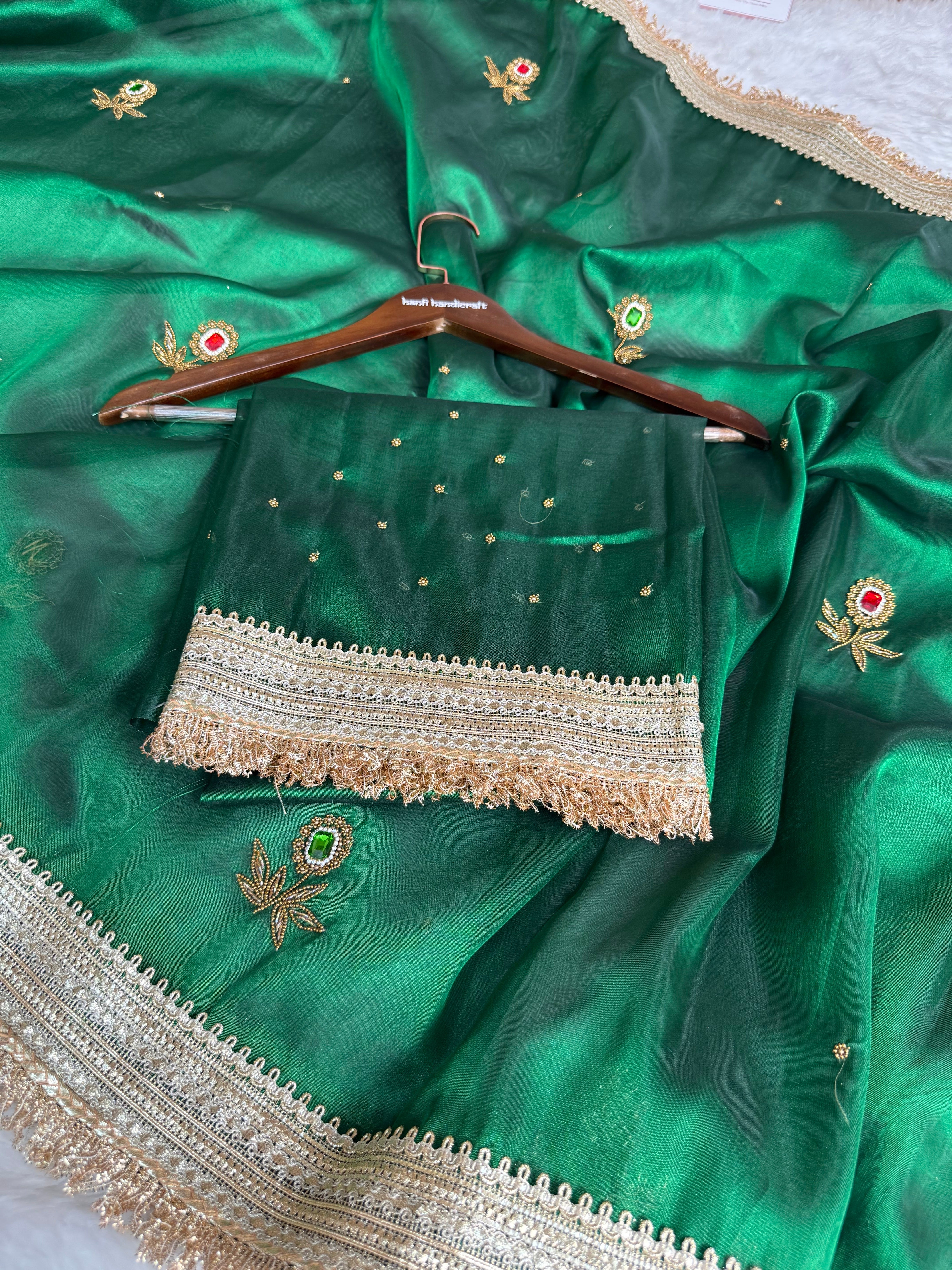 Dhiyona HH Emerald Green Gemstone Maharani Hand-work Designer Saree