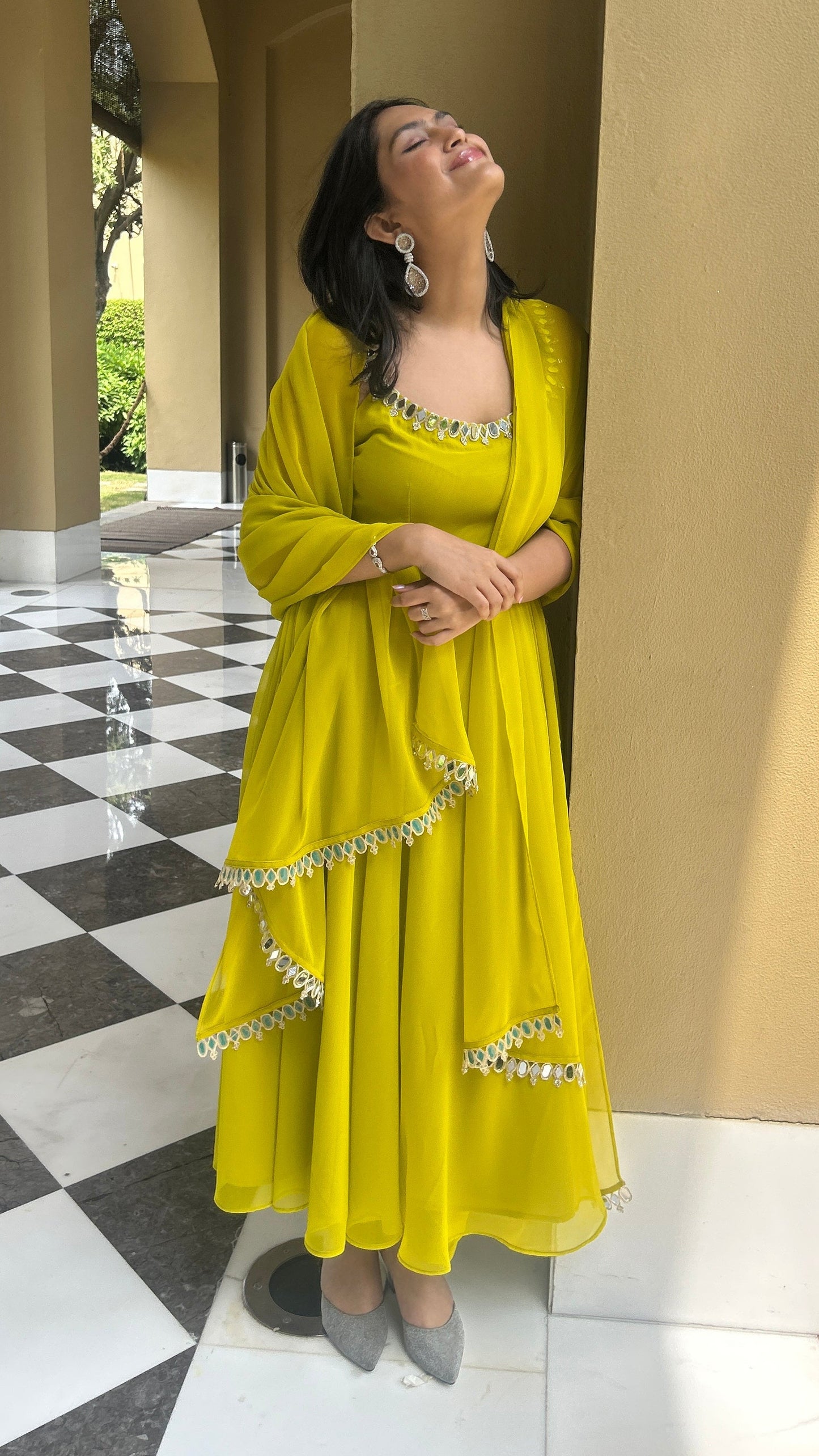 Dhiyona ST 3 pc Suit Set -Lime Green Mirror Edge Georgette Sleeveless Anarkali with Dupatta and Pants