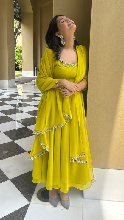 Dhiyona ST 3 pc Suit Set -Lime Green Mirror Edge Georgette Sleeveless Anarkali with Dupatta and Pants