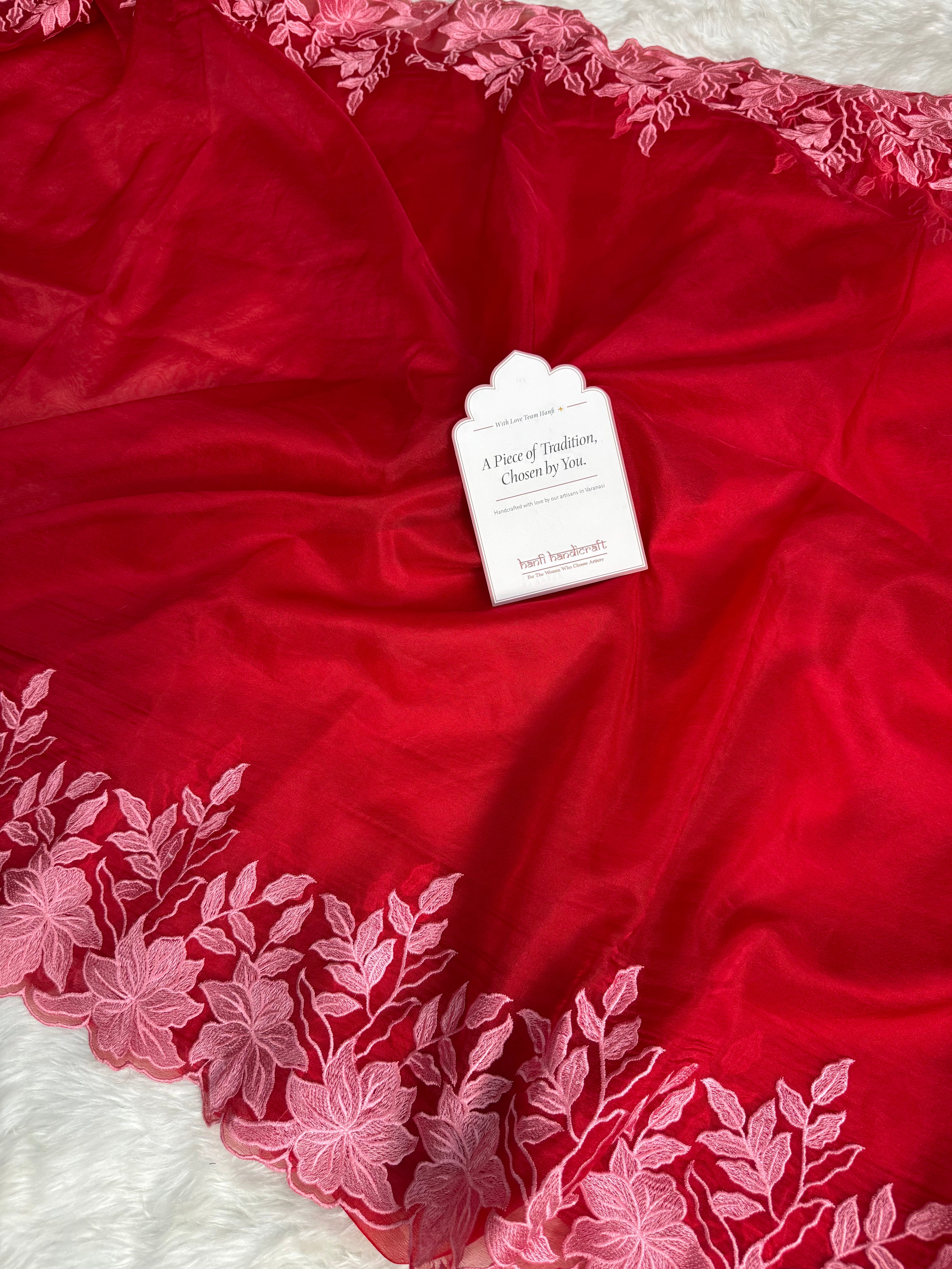 Dhiyona HH Scarlet Petal Embroidered Cutwork Kora Organza Saree