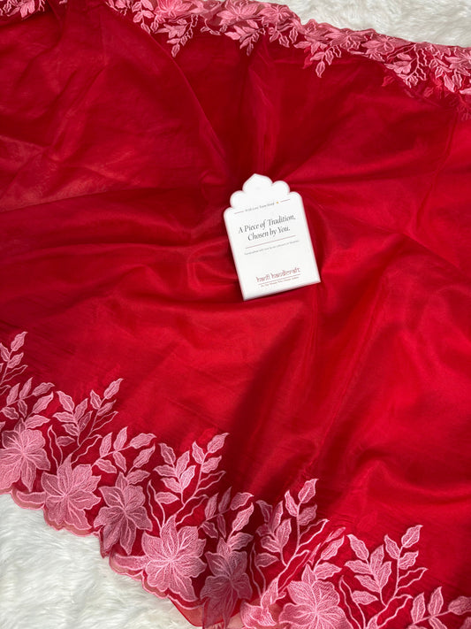 Dhiyona HH Scarlet Petal Embroidered Cutwork Kora Organza Saree