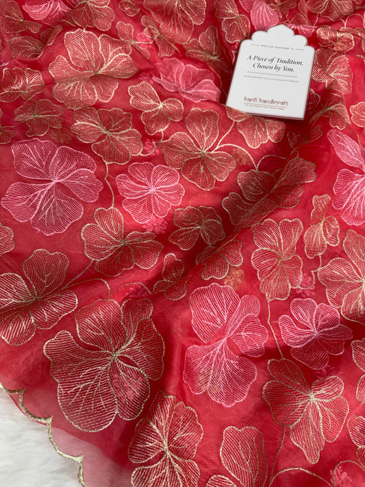 Dhiyona HH Strawberry Bloom Zari Floral Cutwork Kora Organza Saree
