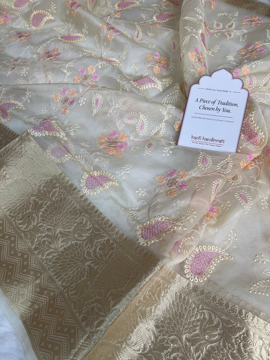 Dhiyona HH Ivory Chikankari Style Embroidered Kora Organza Saree with Banarasi Border