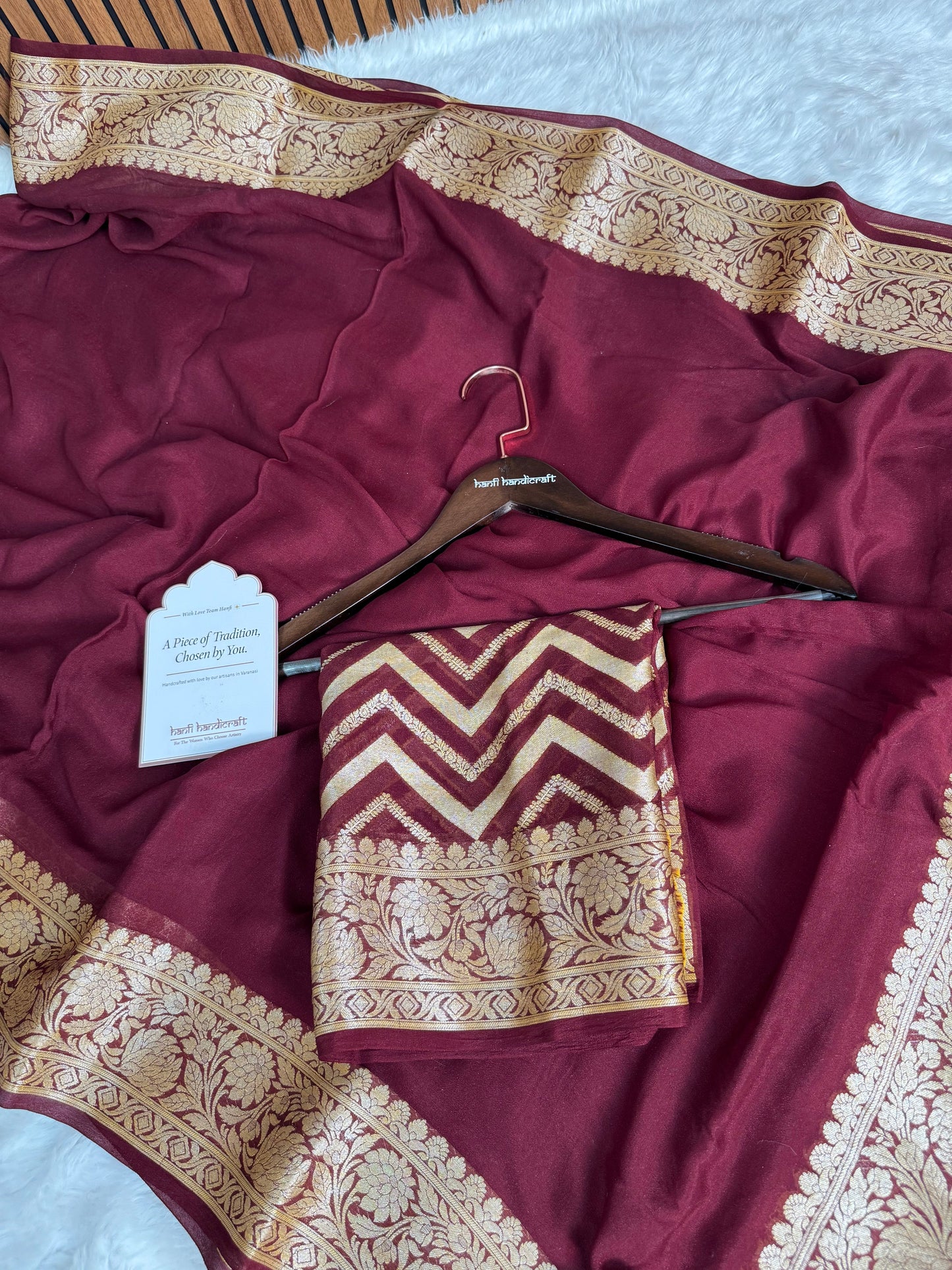 Dhiyona HH Wine Maroon Pure Khaddi Chiffon Banarasi Saree with Chevron Weaving Blouse