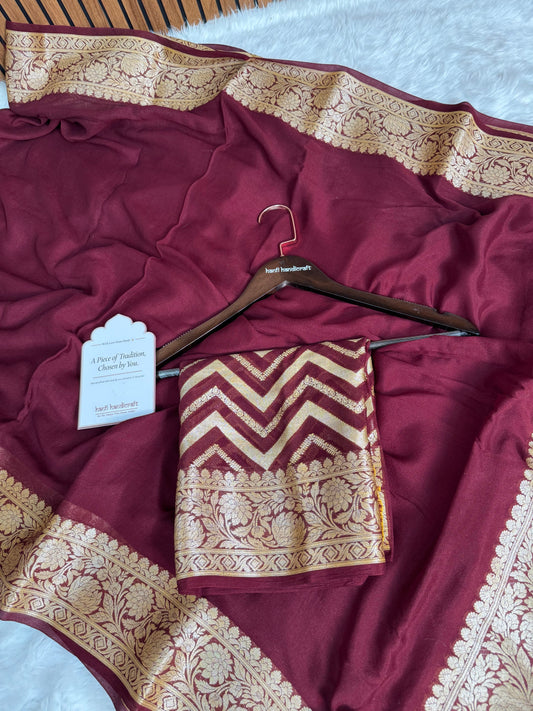 Dhiyona HH Wine Maroon Pure Khaddi Chiffon Banarasi Saree with Chevron Weaving Blouse