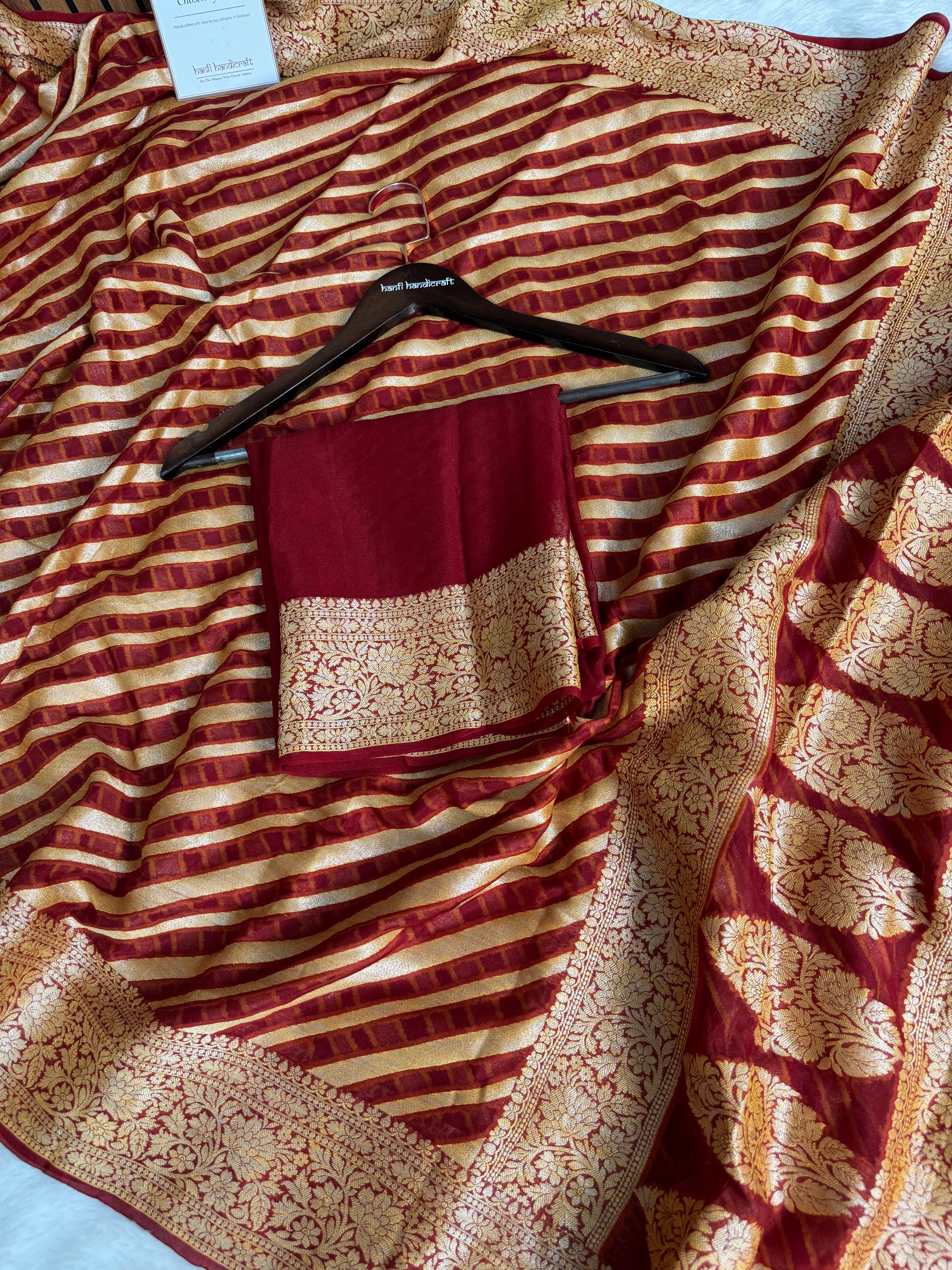 Dhiyona HH Maroon Red Pure Khaddi Chiffon Banarasi Saree Stripe Pattern