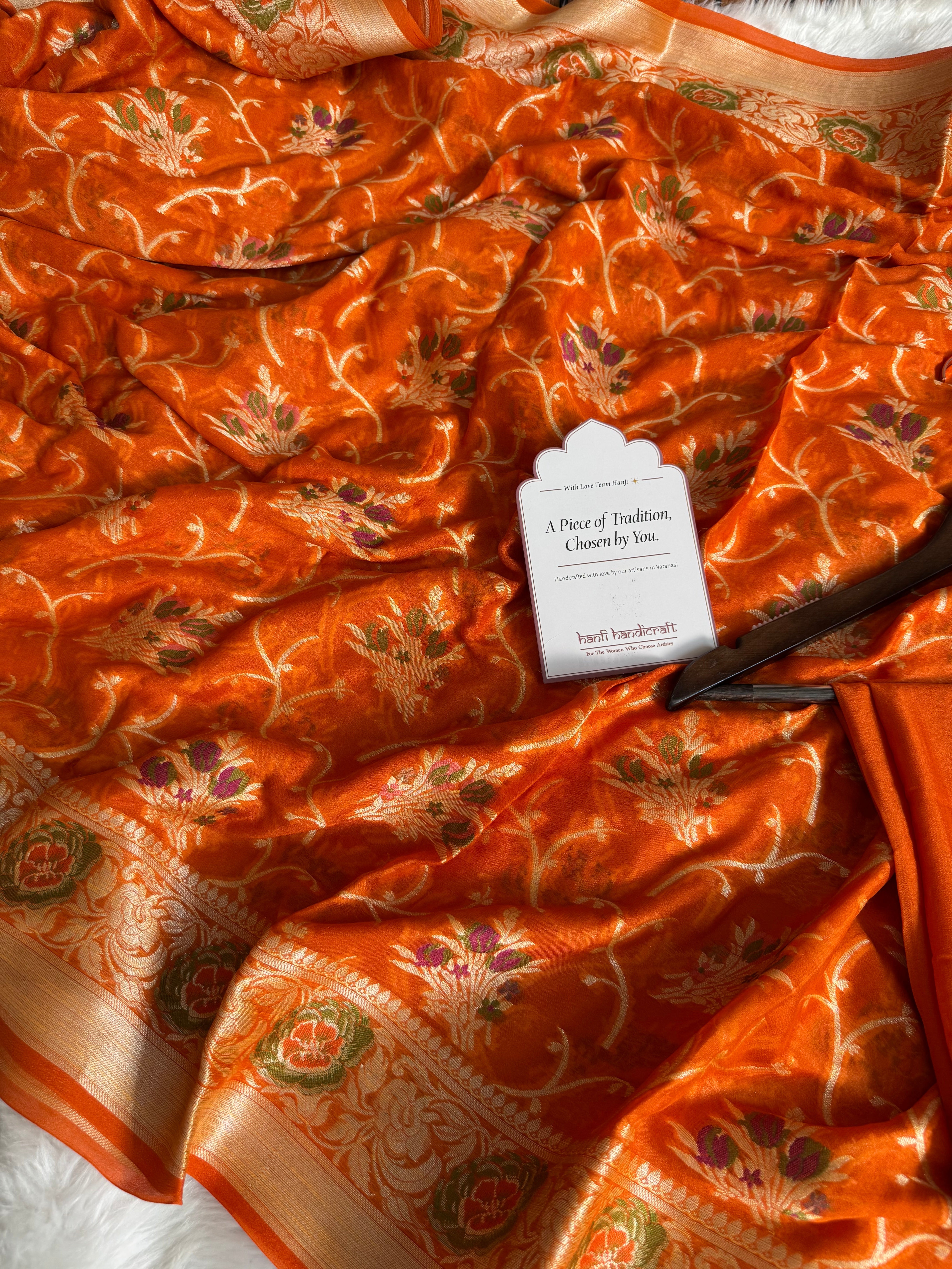 Dhiyona HH Kesari Orange Pure Khaddi Chiffon Banarasi Saree with Meenakari Weaving