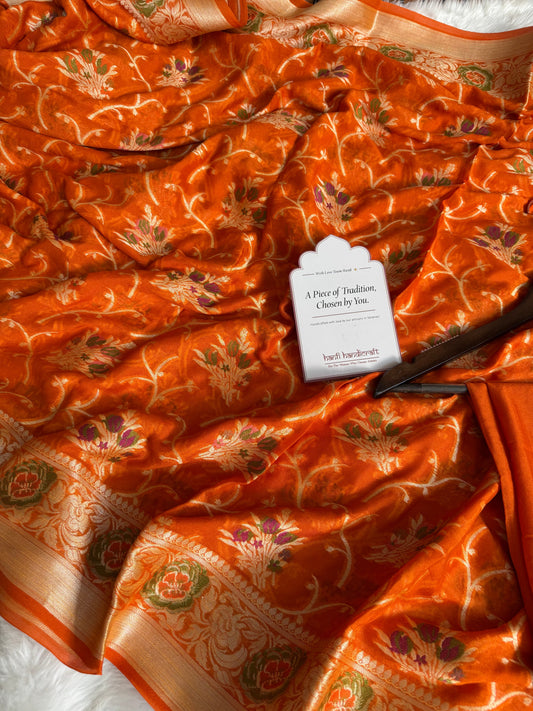 Dhiyona HH Kesari Orange Pure Khaddi Chiffon Banarasi Saree with Meenakari Weaving