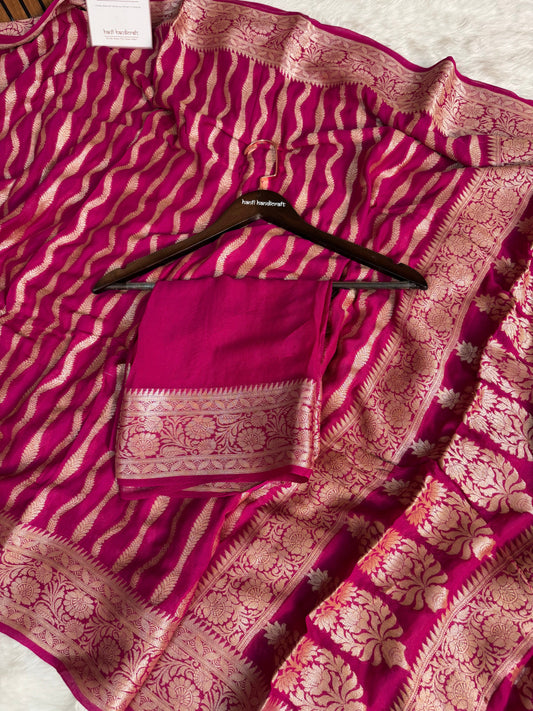 Dhiyona HH Deep Rani Pink Pure Khaddi Chiffon Banarasi Saree Stripe Pattern