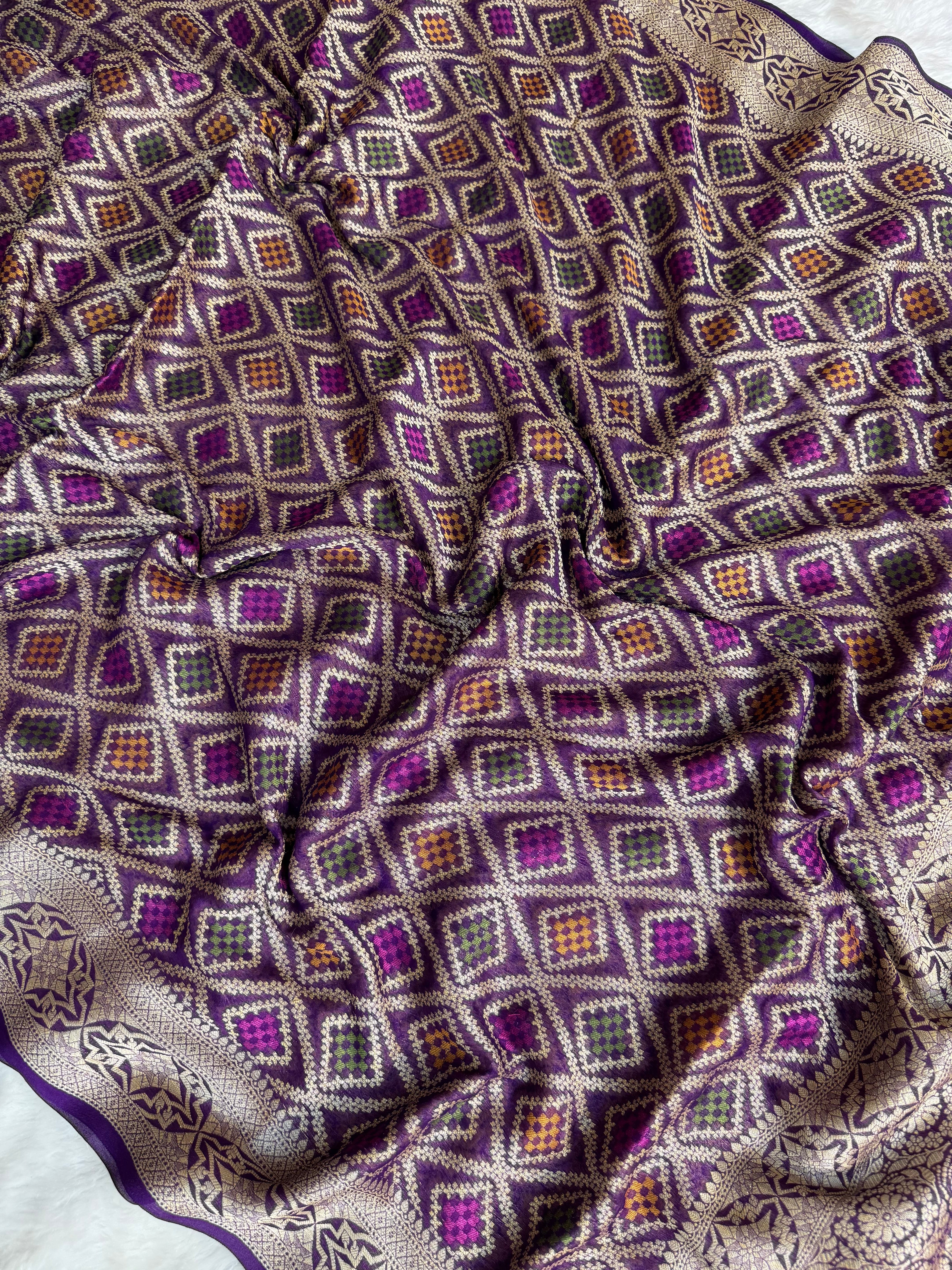 Dhiyona HH Royal Purple Pure Khaddi Chiffon Banarasi Saree with Bandhej Weaving