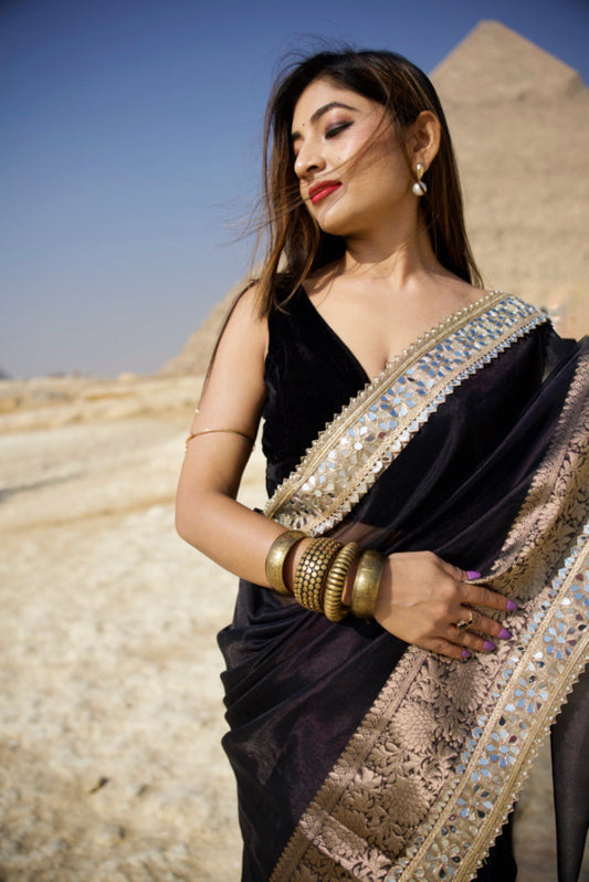 Dhiyona HH Pearl Black Banarasi Rajkumari Mirror Work Tissue Silk Saree