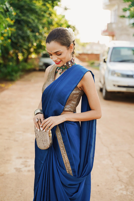 Dhiyona ST Prussian Blue Satin Saree